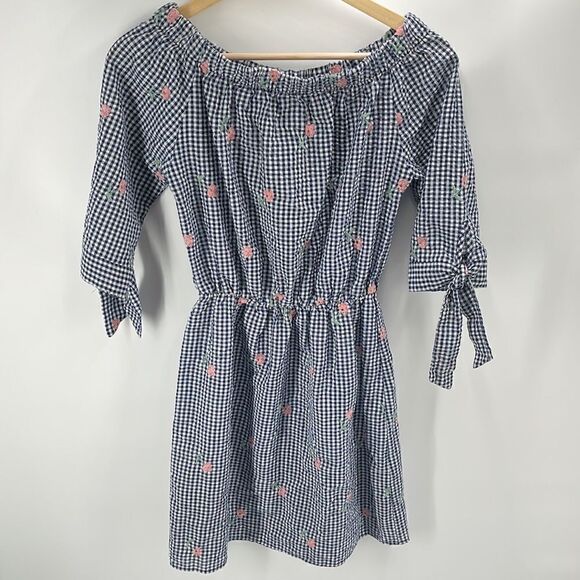 Le Lis blue gingham checkered floral flower embroidery off shoulder mini dress S - Picture 5 of 5